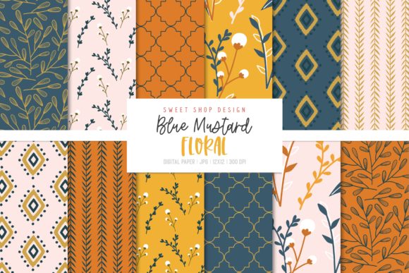 Digital Paper Pack Blue Mustard Floral